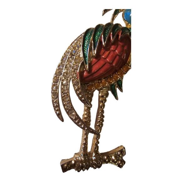 Vintage Blue Peach Enamel & Rhinestone Tall BIRD Brooch Pin - Picture 4 of 6